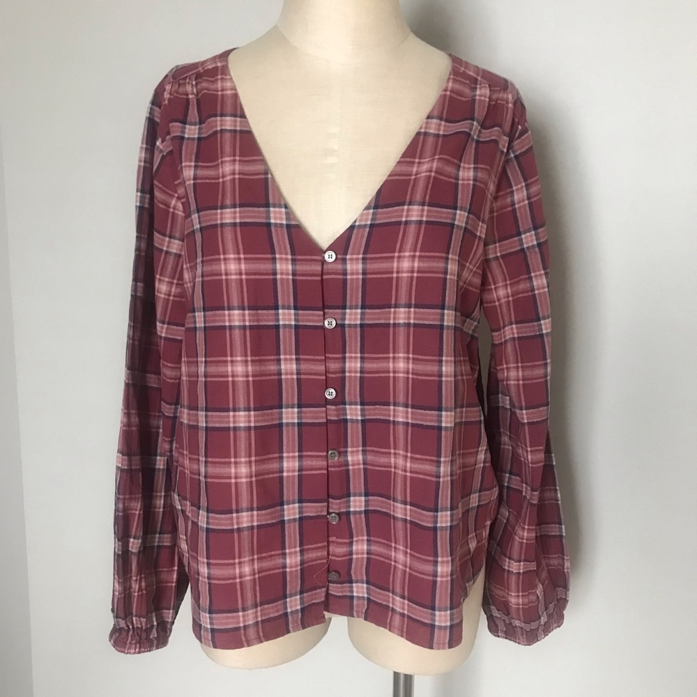 Madewell plaid v neck shirt size L